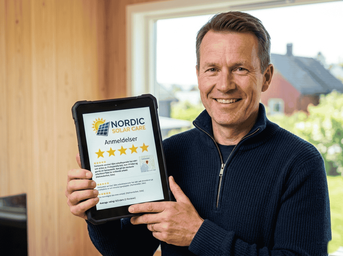 Satisfied Norwegian customer giving a 5-star review for solar cleaning